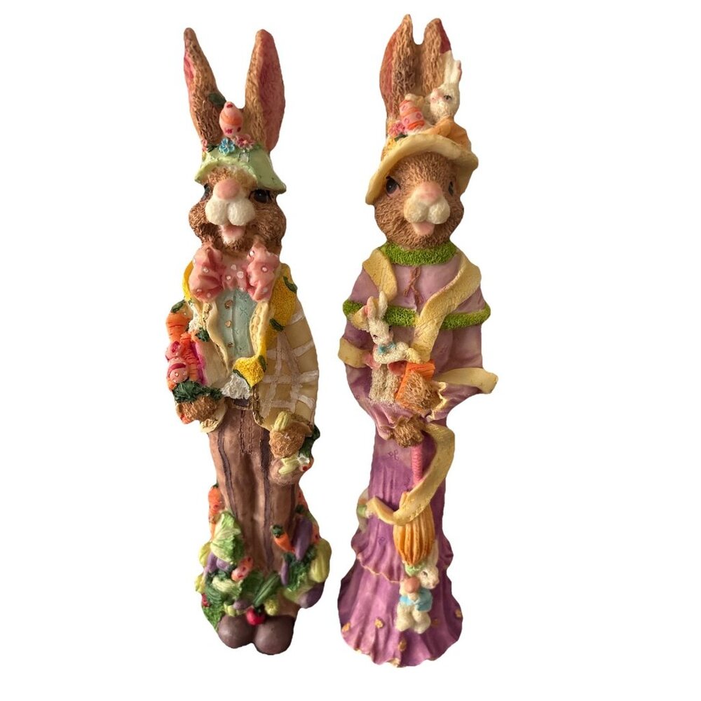 Pair Of Country 11” Easter Bunny/Rabbit  Figurines  Hand Painted Resin-READ!
